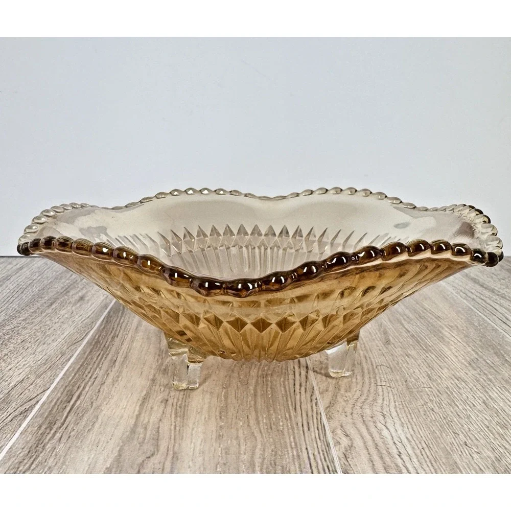 Vintage Amber Diamond‎ Pattern Glass Footed Bowl Scalloped Rim Console Dish